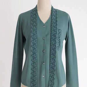 HLM XL Teal Green Button Front Jacket Unique Greek Key Geometric Embroidered